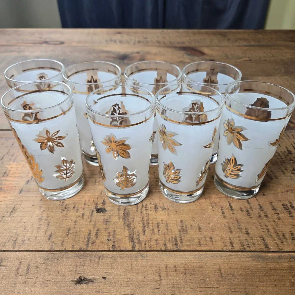 Vintage Libbey Golden Foliage Frosted Highball Glasses Set of 8 Brass Caddy MCM